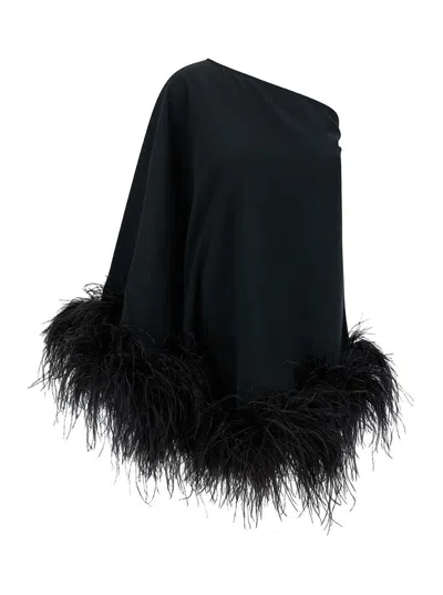 Taller Marmo 'ubud' Mini Black One-shoulder Dress With Feather Trim In Acetate Blend Woman