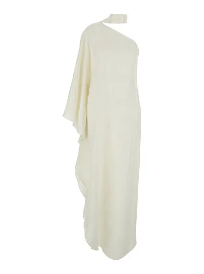 Taller Marmo Ubud White Maxi Dress With One-shoulder Design And Scarf Detail In Toile-de-jouy Jacquard Woman In Neutral