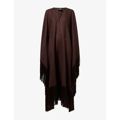 Taller Marmo Womens Chocolate Empty Quarter Fringed Linen Maxi Kaftan In Brown