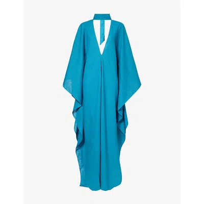 Taller Marmo Womens Peacock V-neck Draped Linen Kaftan In Blue