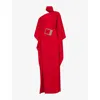 Taller Marmo Draped One Shoulder Long Dress With Sash Detail In Ruby