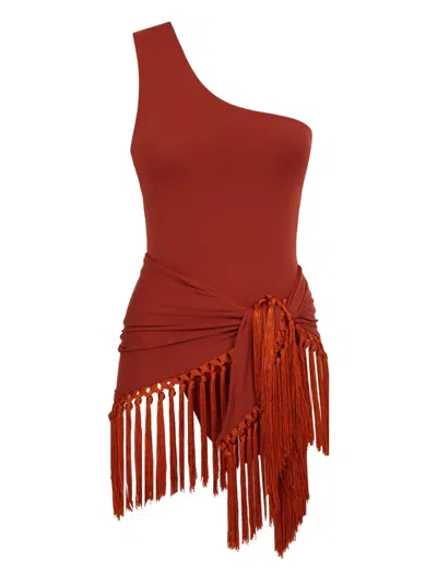 Taller Marmo Yacare One-shoulder Fringed Swimsuit In Red