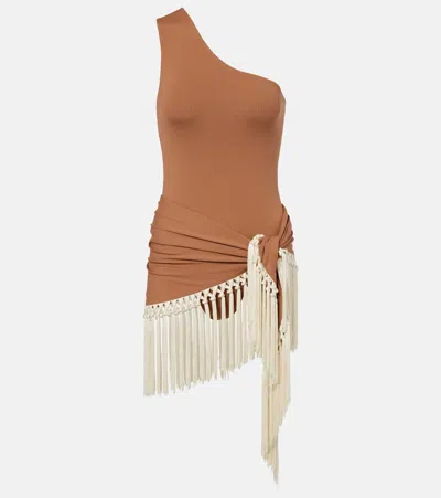 Taller Marmo Yacare Swimsuit And Fringe-trim Pareo Set In Brown