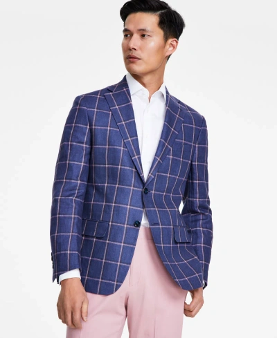 Tallia Men's Slim-fit Plaid Linen Sport Coat In Navy,pink