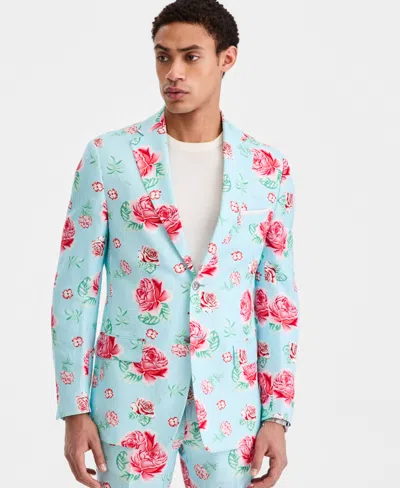 Tallia Men's Slim-fit Linen-blend Patterned Blazer In Blue