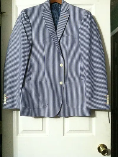 Pre-owned Tallia Mens Blue 100%cotton Striped Sport Coat Jacket Blazer Size: S