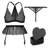 Tallulah Love Women's Black Midnight Rose Gift Set: Bralette, Suspender, Thong & Heart Box In Black