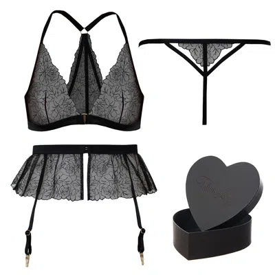Tallulah Love Women's Black Midnight Rose Gift Set: Bralette, Suspender, Thong & Heart Box In Gray
