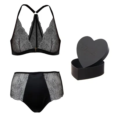 Tallulah Love Women's Black Midnight Rose Gift Set: Bralette,high-waisted Brief & Heart Box