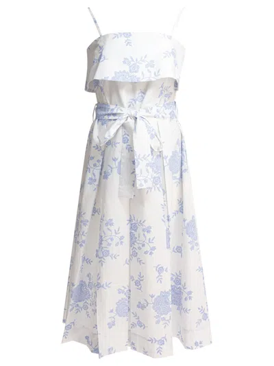 Tallulah Pleated Light Blue Floral Midi Dress In White