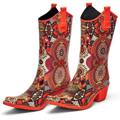 Talolo Boots Women's Yellow / Orange Aztec Funk - Bright Orange Cowboy Boot Wellies In Gray