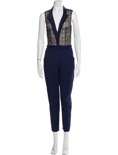 Pre-owned Tamara Mellon Lace Pattern V-neck Jumpsuit In Blue