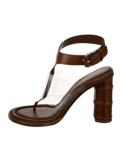 Pre-owned Tamara Mellon Leather Cutout Accent T-strap Sandals In Brown