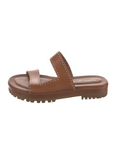 Pre-owned Tamara Mellon Leather Studded Accents Slides In Brown