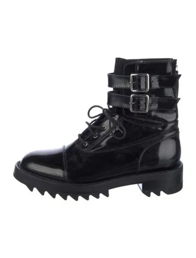 Pre-owned Tamara Mellon Patent Leather Crystal Embellishments Combat Boots In Black
