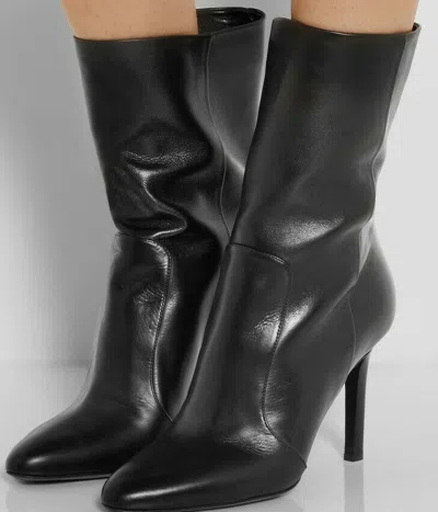 Pre-owned Tamara Mellon Rebel 90 Leather Boots Calf Heels Black Almond Toe Shoes 40.5