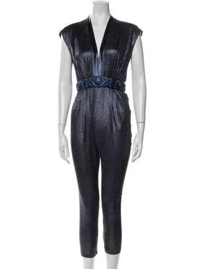 Pre-owned Tamara Mellon Silk V-neck Jumpsuit In Blue