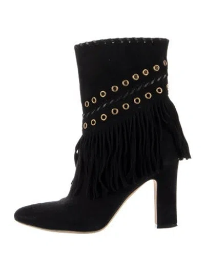 Pre-owned Tamara Mellon Suede Fringe Trim Accent Boots In Black
