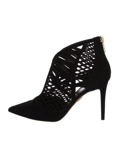 Pre-owned Tamara Mellon Suede Lasercut Accents Boots In Black