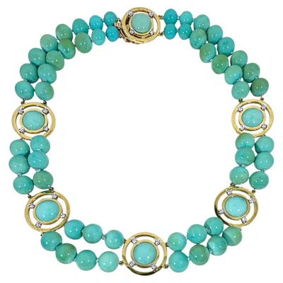 Pre-owned Tambetti Vintage Double Strand Turquoise Choker With Gold & Diamond Stations By I In Multi