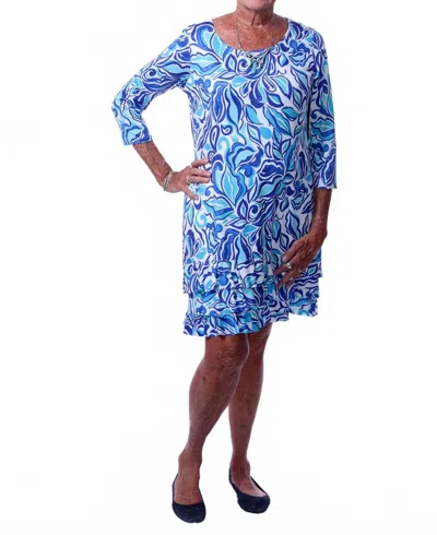 Tango Mango Ruffle Hem 3/4 Sleeve Dress In Blue/green In Multi