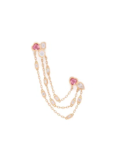 Tanka & Baroque 18k Rose Gold Three Chains Diamond And Sapphire Earring In Pink