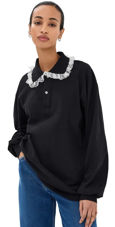 TANNER FLETCHER CLETUS LACE TRIM LONG SLEEVE POLO BLACK