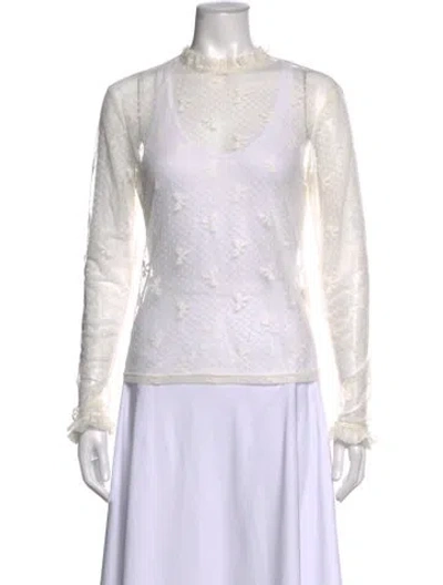 Pre-owned Tanner Fletcher Floral Print Mock Neck Top In White