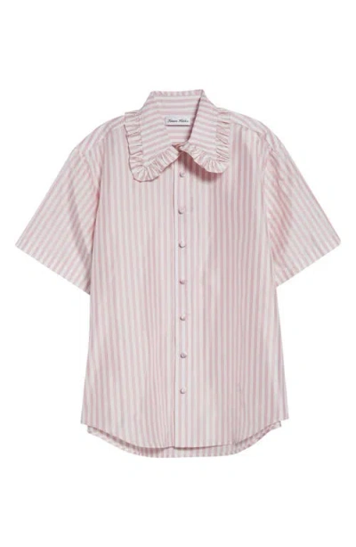 Tanner Fletcher Gender Inclusive Pip Stripe Ruffle Collar Silk Shirt In Pink Stripe