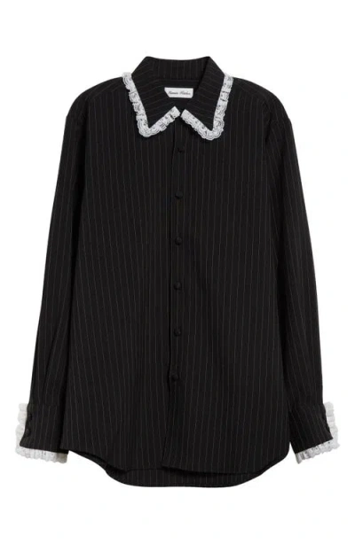 Tanner Fletcher Gender Inclusive Pippa Pinstripe Lace Trim Wool Blend Button-up Shirt In Black Pinstripe