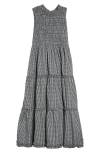 Tanner Fletcher Scout Smocked Sleeveless Midi Dress Black Gingham In Black Gingham