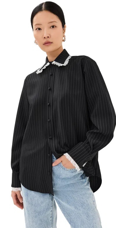 TANNER FLETCHER PIPPA LACE TRIM PINSTRIPE BUTTON DOWN SHIRT BLACK PINSTRIPE 