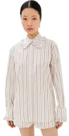 Tanner Fletcher Pippa Stripe Ruffle Button Down Shirt Brown Stripe In Brown Stripe