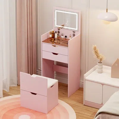 Tansole 17.9" Compact Flip-top Vanity Set With Lighted Mirror & Storage Stool, Pink