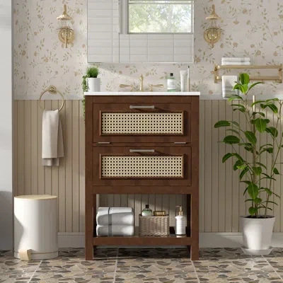 Tansole 24" Modern Farmhouse Freestanding Bathroom Vanity With Ceramic Sink, Woven Cane & Slatted Shelf, Bro In Brown
