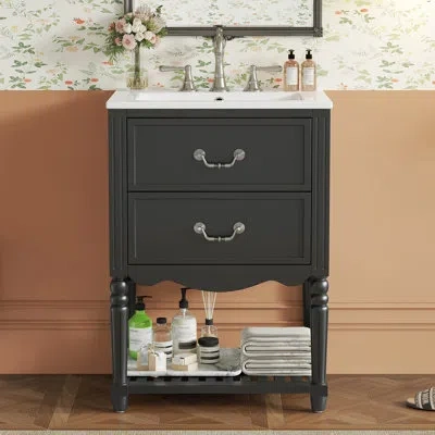 Tansole 24" Vintage Freestanding Bathroom Vanity With Ceramic Sink And Soft-close Drawers, Black