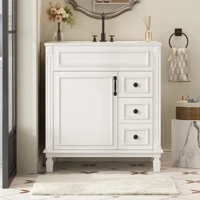 Tansole 30" French Country Bathroom Vanity With Ceramic Sink & Fluted Details, White