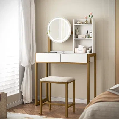 Tansole 31.5" Compact Vanity Set With Lighted Led Mirror & Power Outlet, White/gold