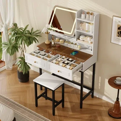 Tansole 32.2" Vanity Set With Amber Glass Top, Rotatable Led Mirror & Power Outlet, White