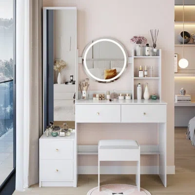 Tansole 43.3" 3-piece Vanity Set With Lighted Led Mirror, Full-length Mirror Cabinet & Stool, White