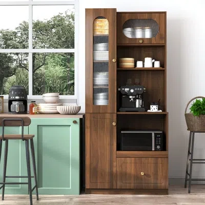 Tansole 70.87" H Farmhouse Kitchen Pantry Cabinet With Pull-out Storage Shelf, Drawers And 3 Doors In Brown