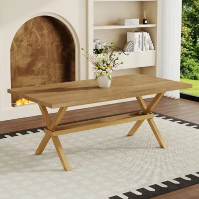 Tansole 71" Modern Industrial Trestle Dining Table For 6-8 With Storage Shelf, Light Wood