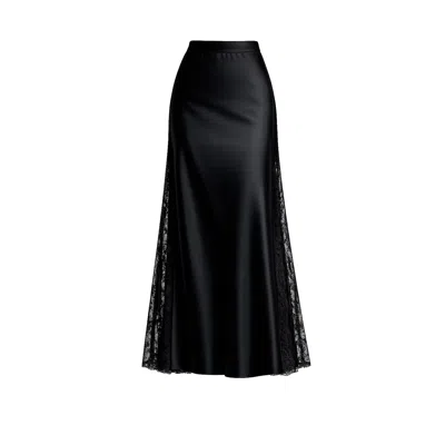 Tantra Spain Sl Women's A-line Satin Midi Skirt With Side Slits And Lace, Elastic Waistband Black