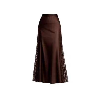 Tantra Spain Sl Women's A-line Satin Midi Skirt With Side Slits And Lace, Elastic Waistband Brown