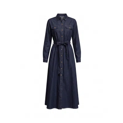 Tantra Spain Sl Women's Black Midi Shirt Dress With Chest Pockets, Flared Skirt, And Belt Dark Denim