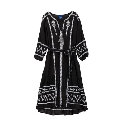 Tantra Spain Sl Women's Black Tunic Style Dress With Tribal Embroideries, Belt, And Tassels