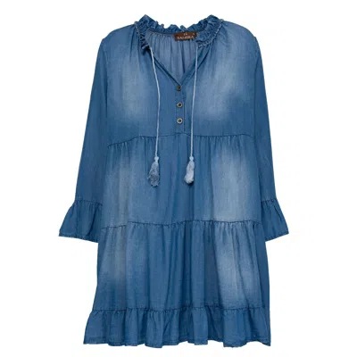 Tantra Spain Sl Women's Blue Denim Dress With Ruffles On The Hem And Sleeves, Tassels And Buttons Denim