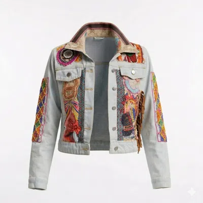 Tantra Spain Sl Women's Blue Denim Jacket With Embroidered African Design And Sequins In Multi