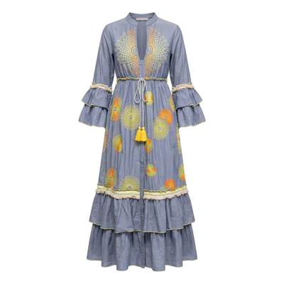 Tantra Spain Sl Women's Blue Denim Maxi Dress With Neon Embroidery, Sequins, Adjustable Waist Denim