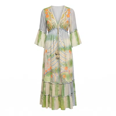 Tantra Spain Sl Women's Blue Maxi Dress With Ethnic And Neon Embroidery, Sequins, And Mirrors In Multi